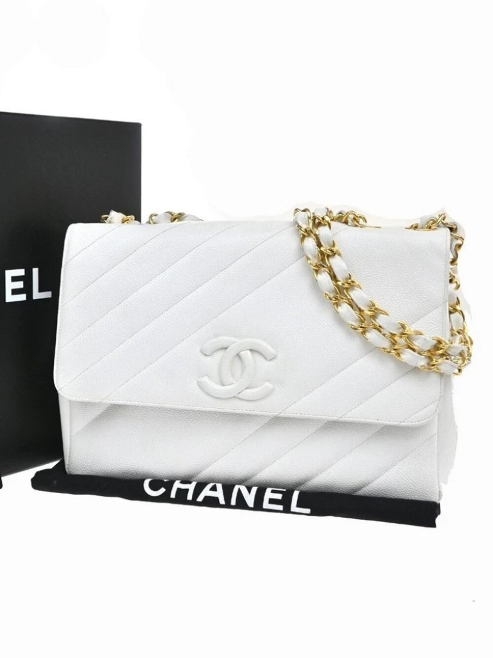CHANEL CC Chain Shoulder Bag Grained Calfskin Leather White Vintage